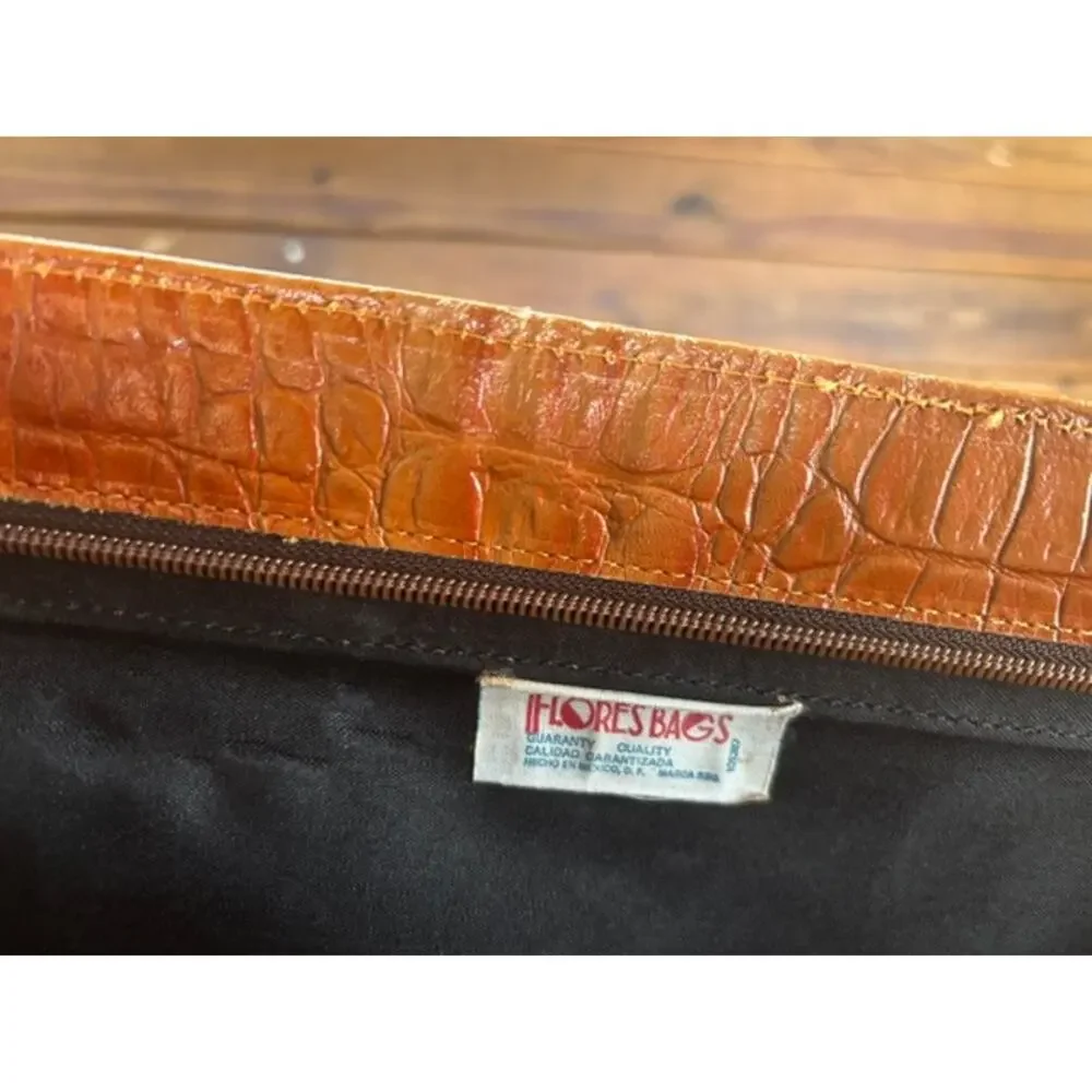 Vintage Brown Flores Croc Embossed Leather Briefcase Attache Retractable Handles
